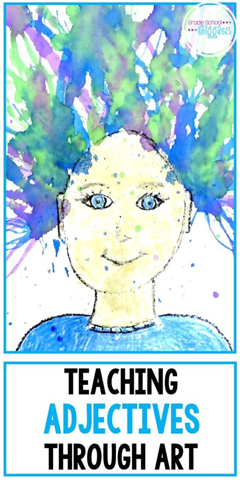 Have you tried incorporating art and poetry into your grammar lessons? This activity is a perfect art project for kids. Kids LOVE painting crazy hair on their paintings and then searching for adjectives in magazines that fit the personality and appearance of their paintings. They glue the words throughout their art's hair. The project is completed by writing a descriptive poem. The finished poetry and the paintings make a great bulletin board or hallway display. #Adjectives #Grammar #Elementary Teaching Adjectives, Art Integration Lessons, Words To Describe People, Adjectives Activities, Art Project For Kids, Arts Integration, Project For Kids, Fitness Art, Art Therapy Activities