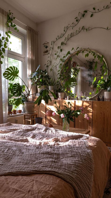 Room Decor Plants Bedrooms, Bedroom Filled With Plants, Plant House Ideas, Plantcore Bedroom, Cozy Plant Bedroom, Plant Filled Bedroom, Room Plants Aesthetic, Bedroom Plants Decor Ideas, Rooms With Carpet