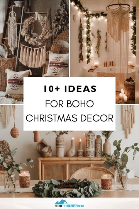 A collage of boho-themed Christmas decor ideas featuring macrame, greenery, natural elements, and warm lighting for a cozy holiday atmosphere. Modern Boho Christmas Decor, Bohemian Christmas Decor, Modern Boho Christmas, Boho Christmas Decor Ideas, Boho Christmas Decor, Boho Christmas, Christmas Decor Ideas, Decor Tips, Modern Boho