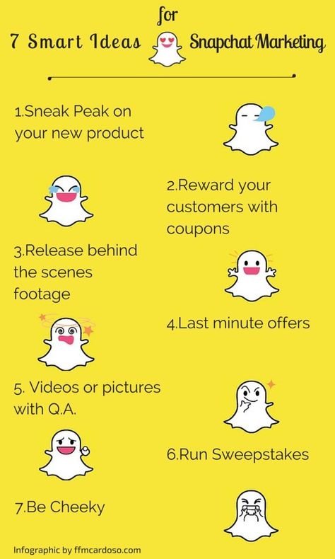 7 Smart Ideas For Snapchat Marketing #socialmedia #infographic #snap #marketing #howitworks Ideas For Snapchat, Business Snapchat, Snapchat Tips, Snapchat Marketing, Whatsapp Marketing, Snap Chat, Smart Ideas, Youtube Marketing, Mgmt