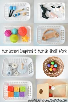 Montessori-inspired shelf activities and play ideas at 9 months... Montessori Play Activities, Infant Montessori Shelf, Montessori For 9 Month Old, Montessori Activities For Infants, 9 Month Play Ideas, Baby Montessori Shelf, Montessori Activities For 9 Month Old, 9 Month Old Montessori Activities, 9 Month Montessori Activities