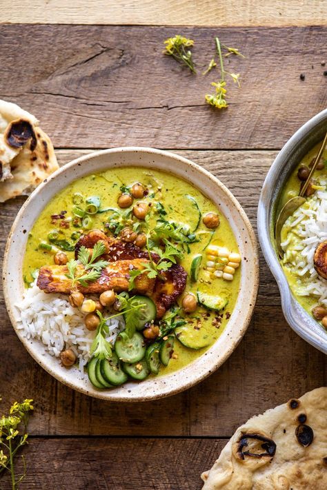 Halloumi Rice, Coconut Chickpea Curry, Coconut Chickpea, Curry With Rice, Chickpea Coconut Curry, Fried Halloumi, Pizza Muffins, Vegan Curry, Chickpea Curry