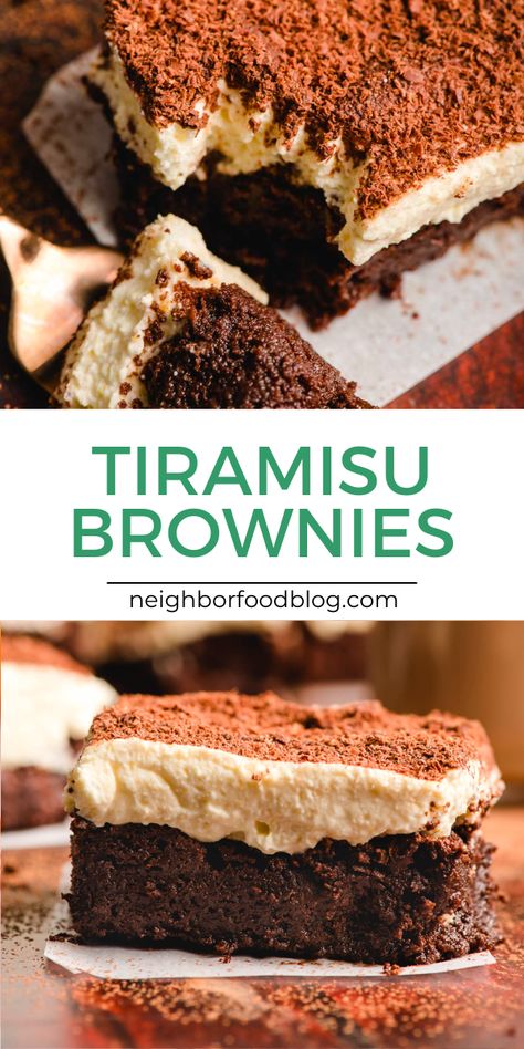 Rich chocolate brownies are topped with a creamy whipped mascarpone filling and sprinkle of cocoa powder to make these Tiramisu Brownnies. You'll love this mashup of two favorite desserts! Tirimasu Brownie, Tiramisu Dessert Ideas, Easy Summer Cakes, Tiramisu Brownies Recipe, Tiramisu Bars, Tiramisu Dessert Recipes, Brownie Topping Ideas, Mascarpone Recipes Dessert, Mascarpone Brownies