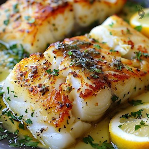 Golden Seared Cod with Herb Butter Sauce - Nine Recipes Herb Butter Sauce, Seared Cod, Steamed Asparagus, Cheesy Mashed Potatoes, Salad Mixed Greens, Herb Sauce, Gourmet Dinner, Garlic Mashed Potatoes, Cooking Seafood