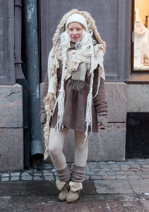 Marianne - Hel Looks - Street Style from Helsinki  “The north, Indians, fairies, the Sami people and nature inspire my style.    I make and modify clothes myself. My style has been white and grey for a long time. I never wear bright colours.” Modified Clothing, Sami People, Finnish Fashion, Mori Fashion, Street Style Blog, Layered Fashion, Looks Street Style, Thrift Fashion, Mori Girl