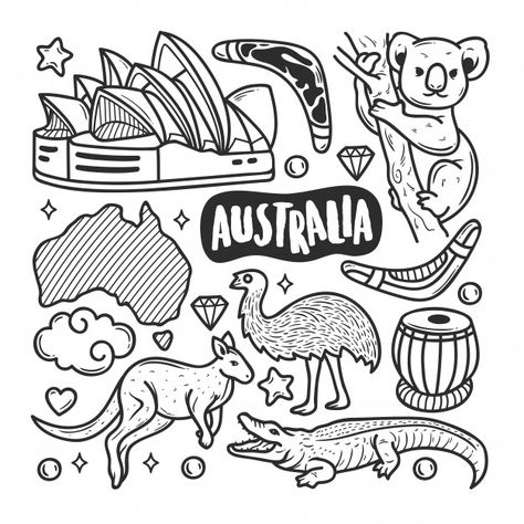 Australia icons hand drawn doodle colori... | Free Vector #Freepik #freevector #travel #icon #hand #line Australia Drawing Ideas, Australia Doodles, Australia Drawing, Australia Tattoo, Travel Doodles, Australia Art, Star Doodle, Logos Retro, Hand Drawn Arrows