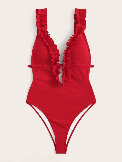 Frill Trim Drawstring Open Back One Piece Swimwear | SHEIN Swimsuit Trends, Swimsuits Outfits, Plunging One Piece Swimsuit, Red Swimsuit, Red S, Wireless Bra, Swimwear Fashion, Swim Suit, One Piece Swimwear