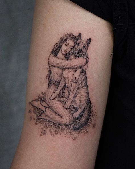 Hugging Dog Tattoo, Dog Tattoo Schnauzer, Dog Tribute Tattoo, German Shepherd Tattoo, Tatts Ideas, Korea Tattoo, Tribute Tattoos, Dog Memorial Tattoos, Christmas Tattoo