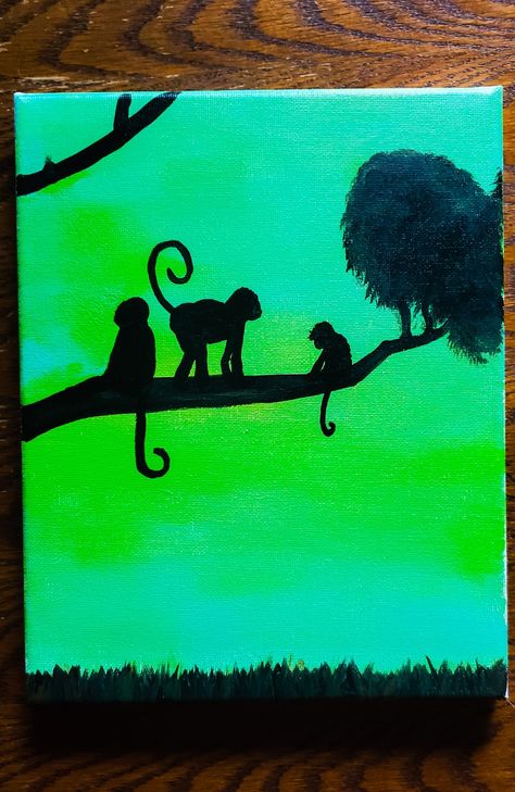 Silhouette of monkeys in a tree, painted on canvas Monkey Acrylic Painting, Monkey Painting Easy, Monkey Canvas Painting, Monkey Silhouette, Monkey Painting, Paint Monkey, Africa Painting, Cute Easy Paintings, Wall Colours