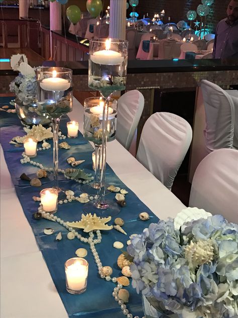 Under the sea themed event Wedding Decorations Sea Theme, Undersea Theme Party, Underwater Quince Theme, Sea Themed Quinceanera, Under The Sea Quinceanera Theme Decoration, Under The Sea Elegant Party, Under The Sea Banquet Theme, Quince Under The Sea Theme, Deep Sea Wedding Theme