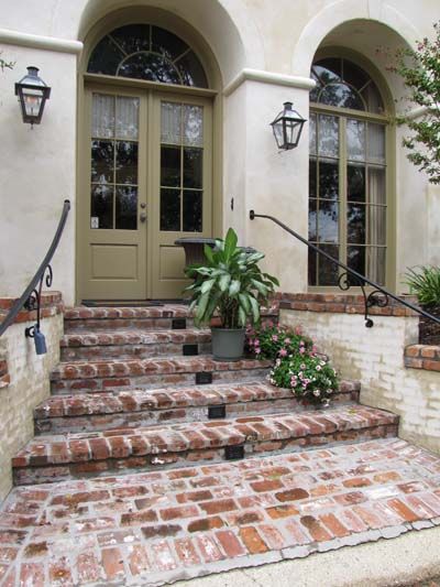 green and the cream stucco with the brick. Paver - Old St. Louis. Exterior Stucco, Brick Porch, Front Porch Steps, Front Stairs, Brick Steps, Antique Brick, Walkway Design, Brick Walkway, Front Walkway