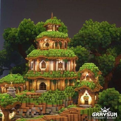 Graysun | Minecraft Content Creator on Instagram: “Minecraft - Ferngully Village 🏘 This village is made with those epic hut design I made with the Fergully Fortress collab with…” Minecraft Jungle House Ideas Survival, Jungle Biome Builds, Jungle Mountain House Minecraft, Minecraft Facade Ideas, Minecraft Natural House, Jungle Kingdom Minecraft, Earthy Minecraft Builds, Jungle Mansion Minecraft, Minecraft Forest Castle