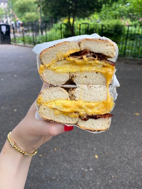 Fat Monkey, Bacon Bagel, Milly Rock, East Village Nyc, Bagel Cream Cheese, Bacon Egg And Cheese, Bagel Recipe, Egg And Cheese, Bacon Egg