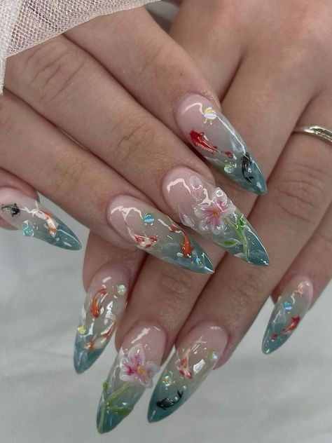 Fish Tank Nails, Coy Fish Nails, Koi Fish Nail Art, Koi Nails, Koi Fish Nails, Chinese Nails Designs, Xiaohongshu Nails, Nails Douyin, Fish Nail Art