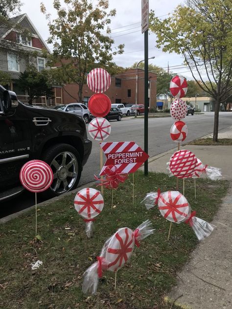 Peppermint Forest Door Decorations, Candyland Peppermint Forest Decorations, Peppermint Forest Candyland, Peppermint Forest School Hallway, Candy Cane Christmas Decorations Outdoor Front Porches, Peppermint Theme Party, Peppermint Forest Decorations School, Candy Cane Forest Decorations, Candy Cane Lane Christmas Decor Outdoor