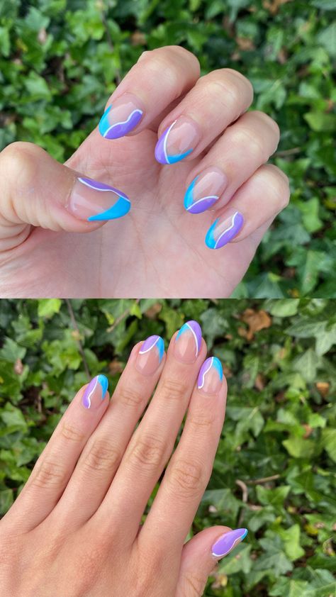 Beautiful gel extensions with blue and purple polish. Cute Blue And Purple Nails, Purple Teal Nails Designs, Teal And Purple Nail Ideas, Purple And Teal Nails Designs, Blue And Purple Nails Designs, Purple And Blue Nails Designs, Purple And Turquoise Nails, Purple And Teal Nails, Blue And Purple Nails