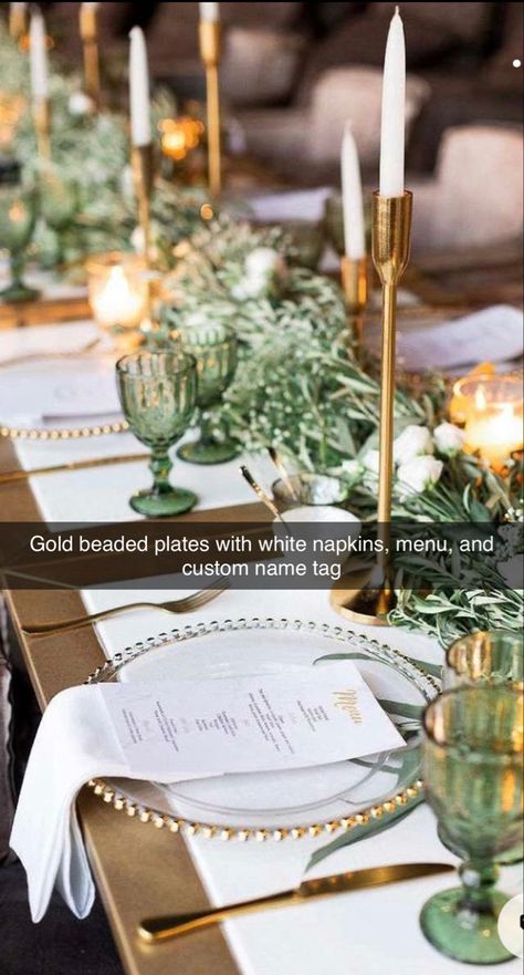 Sage Green White And Gold Table Setting, Champagne And Green Table Setting, Cream And Green Table Setting, White And Sage Wedding Table Setting, Green Gold And White Dinner Party, Wedding Diner Decor, White Green Gold Wedding Table Decor, White And Green Tablescape, Olive Green White Gold Wedding