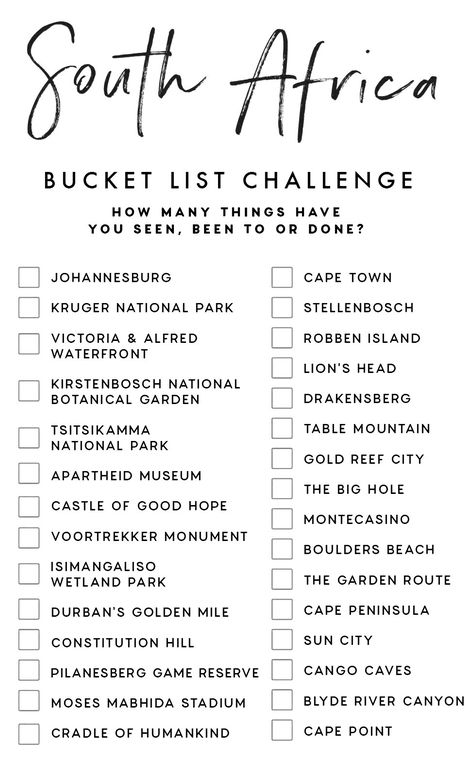 South Africa Bucket List, Bucket List Challenge, South Africa Vacation, Africa Bucket List, Africa Vacation, Travel Infographic, Holiday Travel Destinations, Travel Inspiration Destinations, South Africa Travel