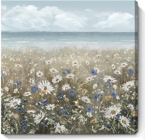 Amazon.com: Canvas Wall Art Beach Floral Wall Picture Coastal Boho Farmhouse Daisy Flowers Nautical Sea Ocean Wildflowers Canvas Print Vintage Artwork for Small Rustic Bathroom Bedroom Living Room Office Décor: Posters & Prints Blue Bathrooms, Calm Ocean, Farmhouse Canvas, Seascape Artwork, Bathroom Artwork, Coastal Boho, Grand Art Mural, Small Artwork, Farmhouse Boho