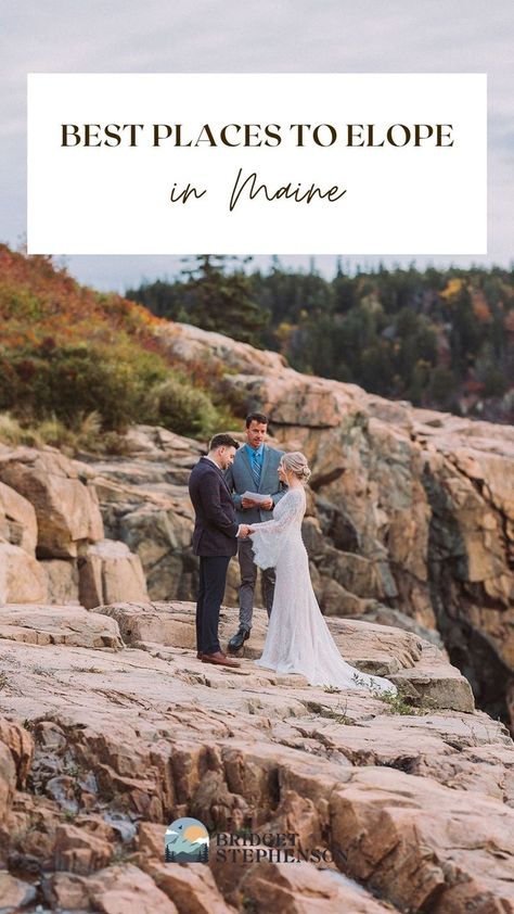 Bride and groom standing on the edge of a cliff during their Maine elopement best places to elope in Maine Small Wedding Locations, Acadia National Park Wedding, Maine Elopement, Small Beach Weddings, Maine Wedding Venues, Small Wedding Photography, Maine Wedding Photography, Mountain Summit, Maine Beaches