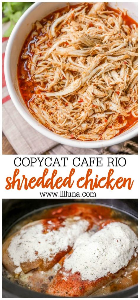 Copycat Cafe Rio Shredded Chicken - a simple and delicious chicken recipe that is perfect for salads, burritos, quesadillas and tacos! #caferio #caferiorecipe #chicken #shreddedchicken #copycatrecipe Cafe Rio Shredded Chicken, Chicken Calories, Copycat Cafe Rio, Cafe Rio Recipes, Cafe Rio Chicken, Shredded Chicken Recipe, Easy Shredded Chicken, Mexican Shredded Chicken, Cafe Rio