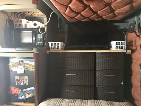 Extra storage space in the semi. Decorating Inside Semi Truck, Semi Truck Top Bunk Storage, Semi Truck Sleepers Interiors, Semi Truck Sleeper Ideas, Semi Truck Interior Ideas, Semi Truck Organization, Semi Truck Storage, Semi Truck Storage Ideas, Truck Driver Organization Ideas