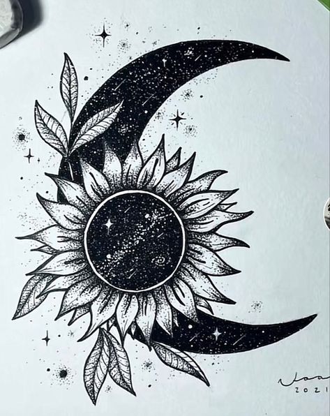 Sunflower And Firefly Tattoo, Miracles Tattoo Ideas, Pagan Sun Tattoo, Sun And Moon Tattoo Cover Up, Moon With Sunflowers Tattoo, Cover Up Moon Tattoo, Gothic Sunflower Tattoo, Moon Sleeve Tattoos For Women, Moon And Flowers Drawing