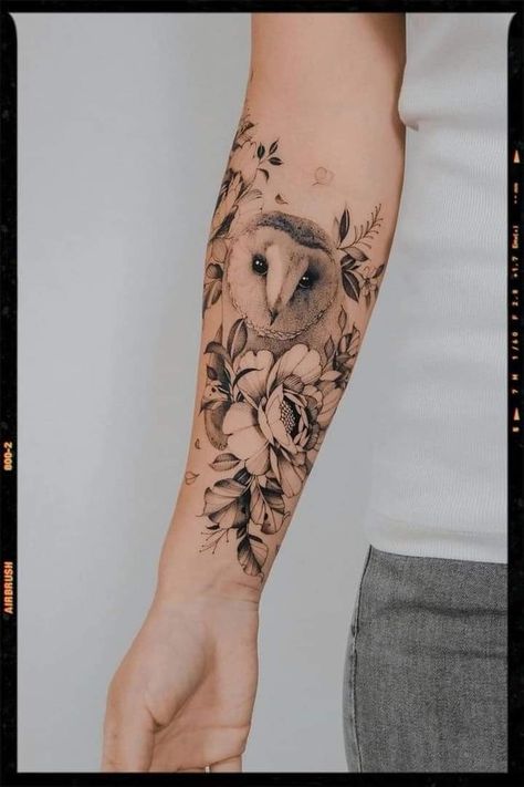 Tree Owl Tattoo, Owl Tattoo Calf, Mom Owl Tattoo, Forearm Owl Tattoo Women, Creative Owl Tattoo, Owl Tattoo For Women Forearm, Owl And Rose Tattoo Design, Colored Forearm Tattoo Women, Women Owl Tattoos