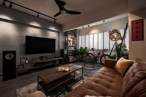 5-rm HDB in Telok Blangah with a modern industrial theme | SG:ID Seen - Home & Decor Singapore Faux Exposed Brick Wall, Industrial Living Room Design, Dark Interior Design, Industrial Theme, Industrial Living, Industrial Livingroom, Dream Apartment Decor, Industrial Interior Design, Luxe Interiors