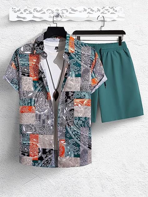 Stylish Shirts Men, Man Close, African Wear Styles For Men, 2piece Outfits, Mens Printed Shirts, Drawstring Waist Shorts, Mens Casual Dress Outfits, Men Stylish Dress, Guys Clothing Styles