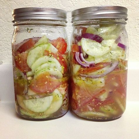 Got the idea for this recipe from Pinterest. Just thought it was so cool to put salad in a jar! Got the recipe from here (didn’t follow it 100%, but for the most part I did) 1/4 cup cider vinegar (… Cucumber Salad In A Jar, Jar Lunches, Cucumber Salad Vinegar, Mason Jar Lunch, Quinoa Benefits, Salad Jar Recipe, Jar Meals, Jar Salads, Jar Salad