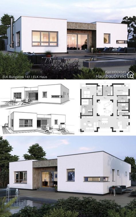 Bungalow House Plans Modern With Patio & Flat Roof, Contemporary image and visual related images Contemporary Slope Roof Design, 3 Bedroom Flat Roof House Plans, Flat Roof Bungalow Modern, Drawing Rendering, Bungalow House Floor Plans, Flat Roof House Designs, House Plans Modern, Modern Bungalow House Plans, Sloping Lot House Plan