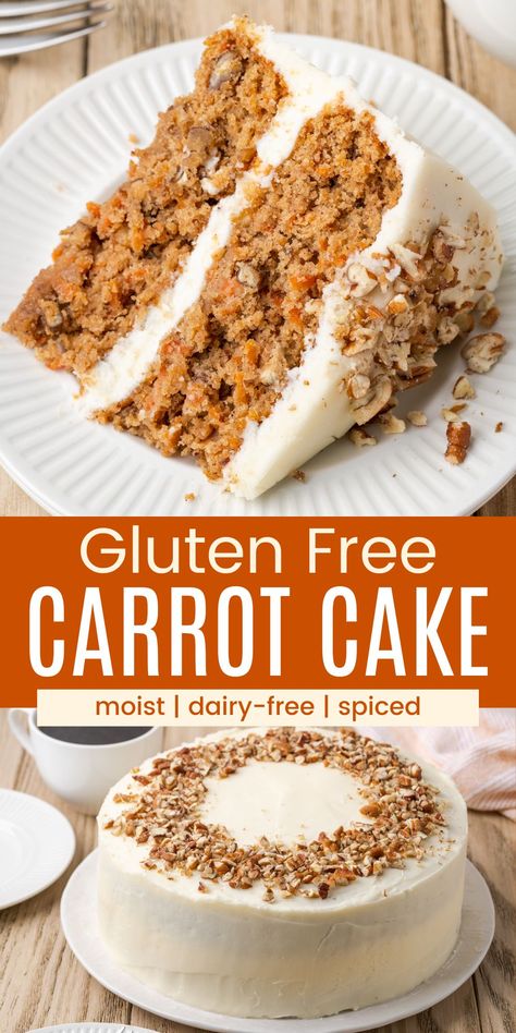 This moist and fluffy Gluten Free Carrot Cake is an easy dessert filled with fresh carrots and warm spices and covered in rich homemade cream cheese frosting. It’s a classic recipe that’s gluten-free, dairy-free, and perfect for Easter (or, any other time of the year!). Gluten Free Dairy Free Cake, Gluten Free Carrot Cake Recipe, Lactose Free Desserts, Dairy Free Carrot Cake, Gluten Free Dairy Free Dessert, Dairy Free Frosting, Gluten Free Cake Recipe, Gluten Free Carrot Cake, Easy Gluten Free Desserts