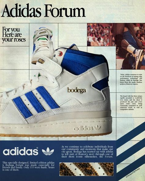 Adidas Forum Vintage, Adidas Vintage Poster, Vintage Shoe Poster, Adidas Vintage Shoes, Vintage Adidas Shoes, Adidas Poster, Adidas Aesthetic, Boston Street, Shoe Advertising