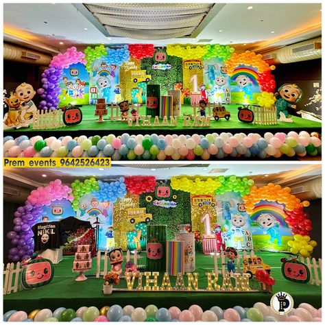 Cocomelon theme Cocomelon Decoration Ideas, Cocomelon Background, Cocomelon Decoration, Coco Melon Birthday Party Ideas, Cocomelon Theme Birthday Party, Cocomelon Party Ideas, Haldi Function Decoration, Festa Cocomelon, Birthday Event Ideas