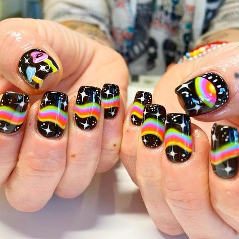 Mario Kart Nails, Pink Floyd Nails, Rainbow Road Mario Kart, Rainbow Road, Painted Nail Art, Makeup Tattoos, Rainbow Nails, Mario Kart, Pink Floyd