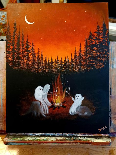 Fall Night Painting, Halloween Painting With A Twist, Ghosts Around Campfire, Art Ideas Beginners, Acrylic Painting Fall Ideas, Fall Paintings Aesthetic Easy, Spooky Scenery Painting, Fall Vibe Painting, Creepy Halloween Paintings