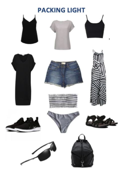 Travel Light Packing Summer, Beach Weekend Packing, Beach Weekend Outfit, Bag Travel Packing, Outdoorsy Fashion, One Bag Travel, Panama Cruise, Black Sneakers Outfit, Travel Packing Outfits