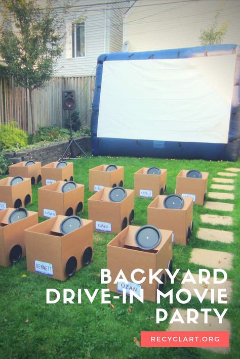 Genius! Kids decorate their "cars" with stickers and markers before …    Read More »  #KidsRecycleProjects, #Movie #Do-It-YourselfIdeas, #Interactive,HappeningStreetArt, #RecycledCardboard Outdoor Movie Screen Ideas, Backyard Movie Theater, Backyard Movie Night Party, Magical Backyard, Backyard Movie Theaters, Movie Night Birthday Party, Outdoor Movie Screen, Backyard Movie Nights, Cheap Backyard