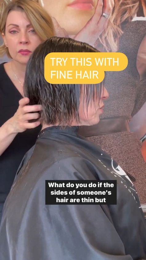 Do you have clients with a strong recession area that want full bangs?🙋🏼‍♀️ Try narrowing down the actual fringe section before you cut… | Instagram Short Trendy Haircuts For Fine Hair, Stacked Bobs With Bangs, Growing Out Bangs Bob, Bangs For Receding Hairline Women, Bobs With Texture, How To Style Short Bob With Bangs, Hair Thinning Techniques For Thick Hair, Hair Cuts For Fine Thinner Hair, Haircuts For High Foreheads