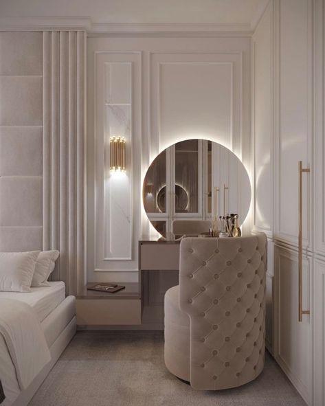 Mirror Chair, Glam Vanity, Vanity Inspiration, Luxury Vanity, Classy Bedroom, Backlit Mirror, Beauty Room Design, Circle Mirror, Luxury Modern Furniture