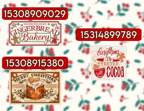 Bloxburg Hot Chocolate Stand, Bloxburg Christmas Decals Codes Calendar, Christmas Builds Bloxburg, Bloxburg Christmas Town Ideas, Christmas Cafe Bloxburg, Christmas Town Bloxburg, Christmas Bloxburg Codes, Bloxburg Christmas Decal Codes, Christmas Decal Codes