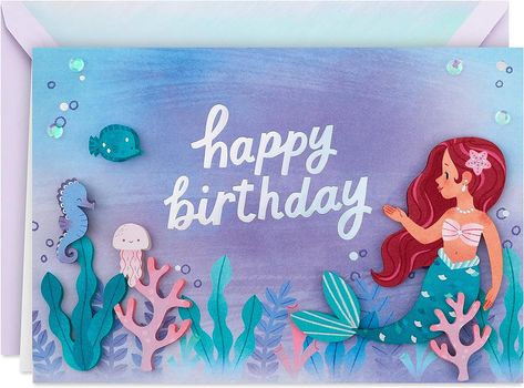 Send birthday wishes to your daughter, niece, granddaughter, or friend with a birthday card she's sure to love. Cover features a painted underwater design of a beautiful mermaid, jellyfish, seahorse, and fish, embellished with sequins. Message reads: "Happy birthday." Inside reads: ". . . to amazing you." Birthday Catds, Mermaid Birthday Card, Underwater Design, Disney Princess Castle, Kids Birthday Card, Hallmark Greeting Cards, Recycled Gifts, Girl Birthday Cards, Love Cover