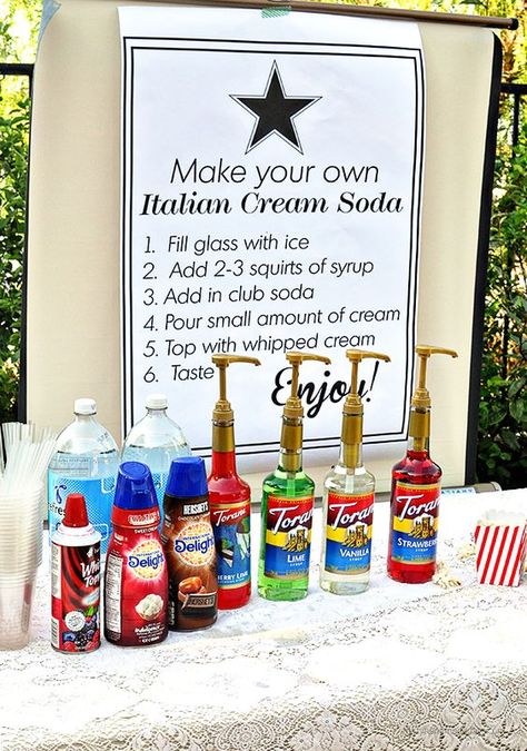 We are loving how simple & easy it is to put together a Sweet Italian Soda Bar for any party. all you need is bubbly water (mineral water, soda water, etc), Torani flavor + cream! viola. Italian Cream Soda Bar, Diy Outdoor Movie Night, Italian Soda Bar, Italian Sodas, Jones Soda, Italy Party, Italian Cream Soda, Torani Syrup, Soda Bar