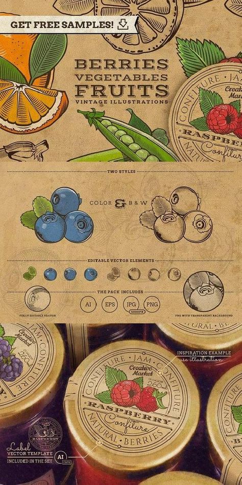 Vintage Product Design, Fruit Branding, Jam Packaging, Product Graphic, Fruit Labels, Honey Packaging, Fruit Packaging, Jar Packaging, Food Graphic Design