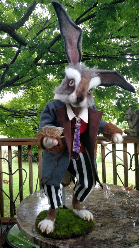 The Crazy March Hare by Stevi T  has traveled from the tea party. Needle felt creation measuring 30" tall March Hare Costume, Alice In Wonderland Clipart, Alice In Wonderland Doll, Alice In Wonderland Diy, Alice In Wonderland Decorations, Alice In Wonderland Artwork, Alison Wonderland, Alice In Wonderland Illustrations, Wonderland Artwork