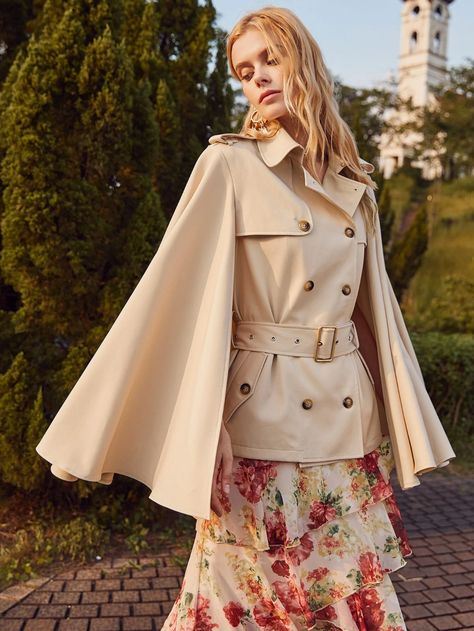 Notched Collar Double Breasted Buckle Belted Cape Coat | SHEIN USA Belted Cape Coat, Pu Leather Dress, Belted Cape, Fall Outerwear, Metallic Pants, Collar Coat, Scallop Edge, Cape Coat, Online Dress Shopping