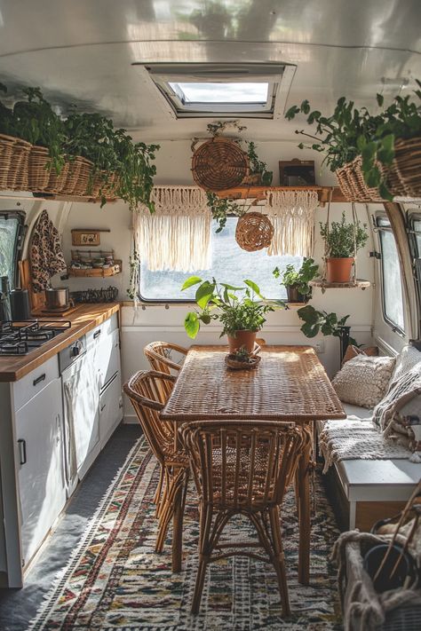 73 Boho-Chic RV Kitchen Transformations: Gypsy Soul Culinary Spaces - TastyInteriors Boho Rv Interior, Camper Outdoor Kitchen, Rv Kitchen Ideas, Boho Camper Interior, Boho Van, Caravan Kitchen, Earth Kitchen, Boho Chic Kitchen, Kitchen Bay Window