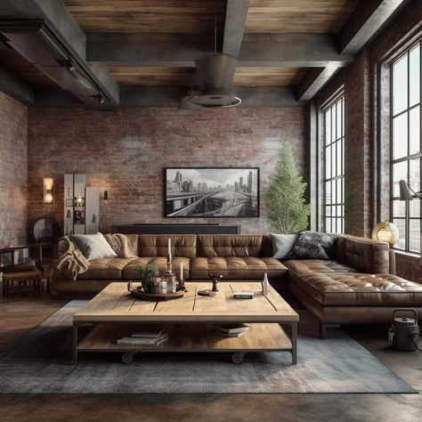 Exposed Brick Living Room, Vintage Modern Living Room, Industrial Living Room Design, Masculine Living Rooms, Brick Living Room, Industrial Style Living Room, Industrial Living Room, Cozy Nooks, Industrial Living