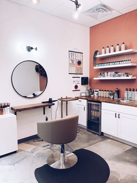 Salon Color Bar With Sink, Simple Salon Stations, Salon Furniture Ideas Small Spaces, Simple Salon Suite Decor, Salon Coffee Station, Salon Suite Color Bar, Studio Salon Ideas Small Spaces, Tiny Hair Salon, Color Bar Salon Ideas Small Spaces